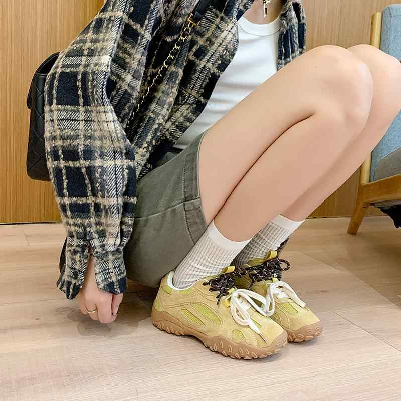 スニーカー 亭主もち用 厚底 ラウンドトゥ 置き目撥ねのける 黄味がかった 牛革 ラバーソール 系帯 韓国風 日常履き オール時期 パステル色の原料品 軽さ 好いたらしい 歩き分かりやすい 分かりやすい ひな形