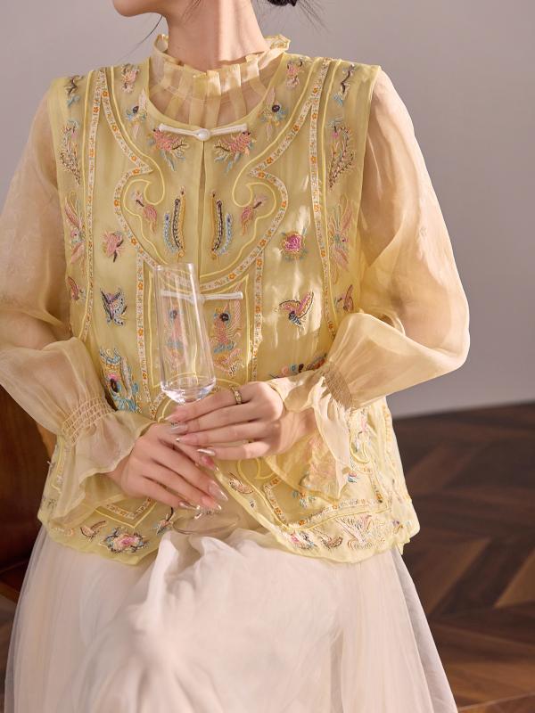 レディース 背心 桑蚕絲 薄っぺら 丸首 刺しゅう 盤扣 花柄 さくら色 黄色 返り咲き風 亭主もち用 軽さ 地絹原料品 文?表現スタイル 中国風