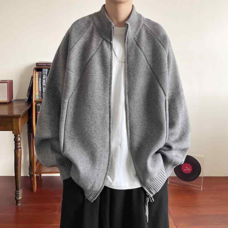 メンズ 編み物 ジレー 開襟 厚地の外套 日系 ファスナー ルーズフィット ティーシャツ ゆったり トップス 長袖 立襟 普通厚 翰林院風 ロブで上げる底 透気 化繊混紡 ポリエステル100 秋期 日常 兄ちゃん 薄墨色 黒