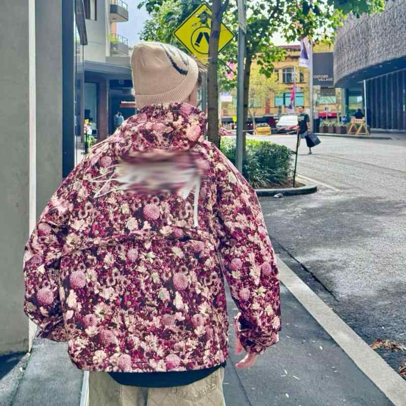 ?克 扎染灰 花卉 ?帽 厚地の外套
