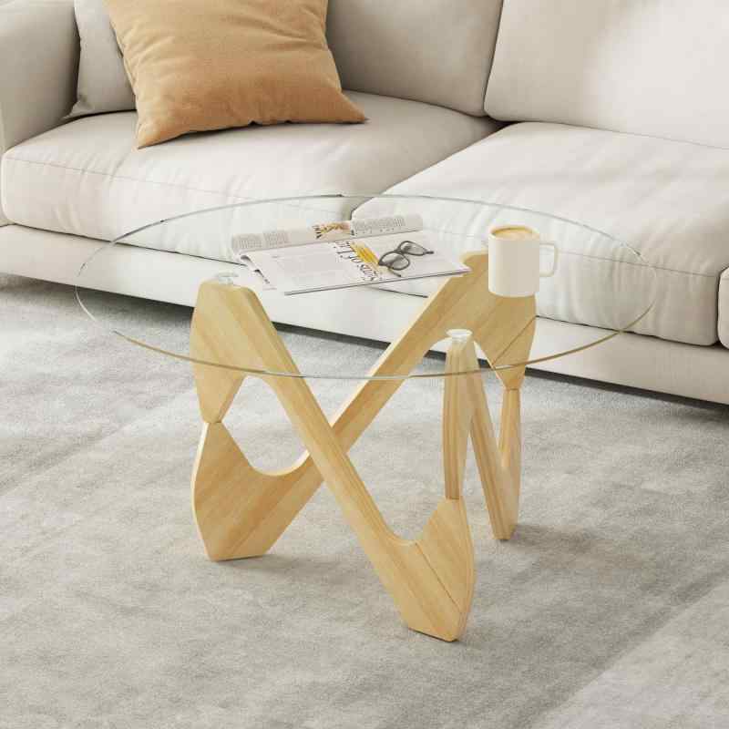 Lvifur ８０ｃｍ 円形強化ガラスコーヒーテーブル 無垢材 S 字ベース 高さ４２ｃｍ 頑丈かつおしゃれ リビング・ホームオフィス用 クリアローテーブル｜LiLishop6