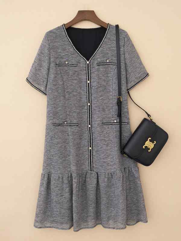 小香風 Vネック Aライン 灰 薄手 半袖 ?衣裙｜LiLishop6