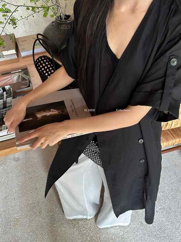 Vネック チュニック 7分袖 麻混 レディース トップス ホワイト ブラック|LiLishop6