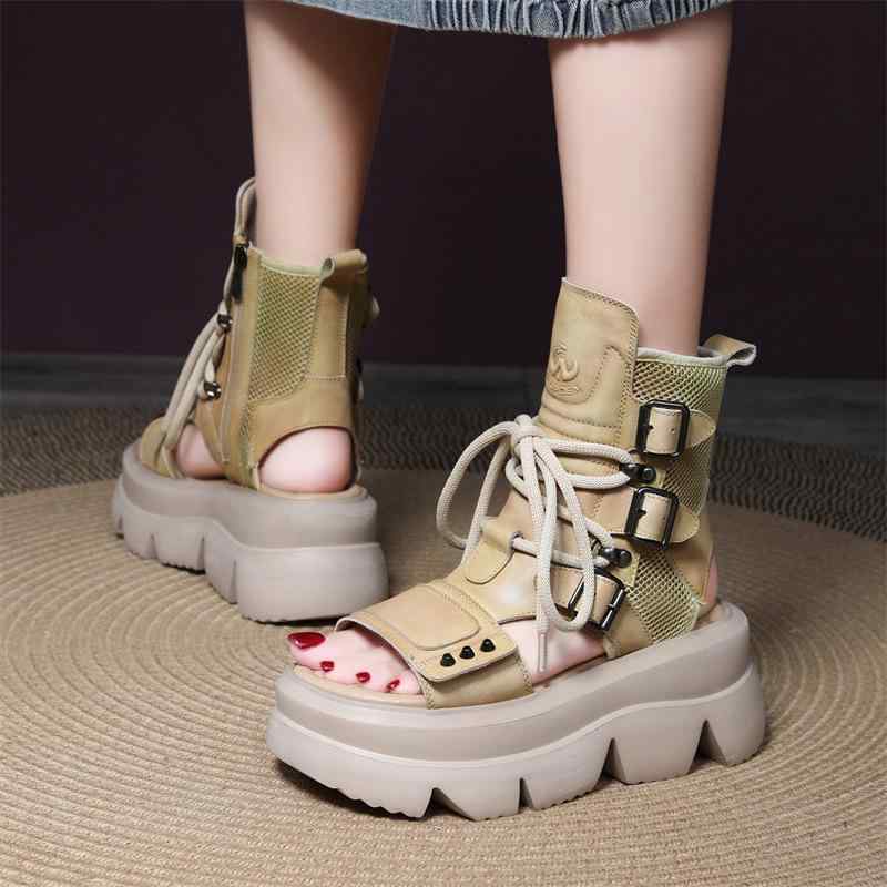 Roman Sandals Women\u0027s Thick-soled Wedges Small Height-increasing Hollow Fish-mouth Roman Sandals Genuine Leather Summer