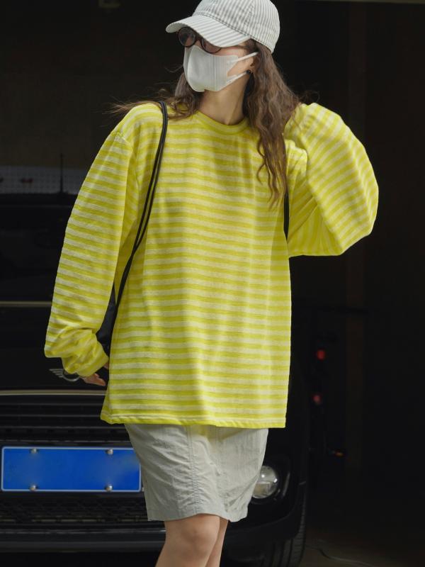 トップス レディース プルオーバー 長袖 春夏 薄っぺら ゆったり 心地好い 綿混 縞模様柄