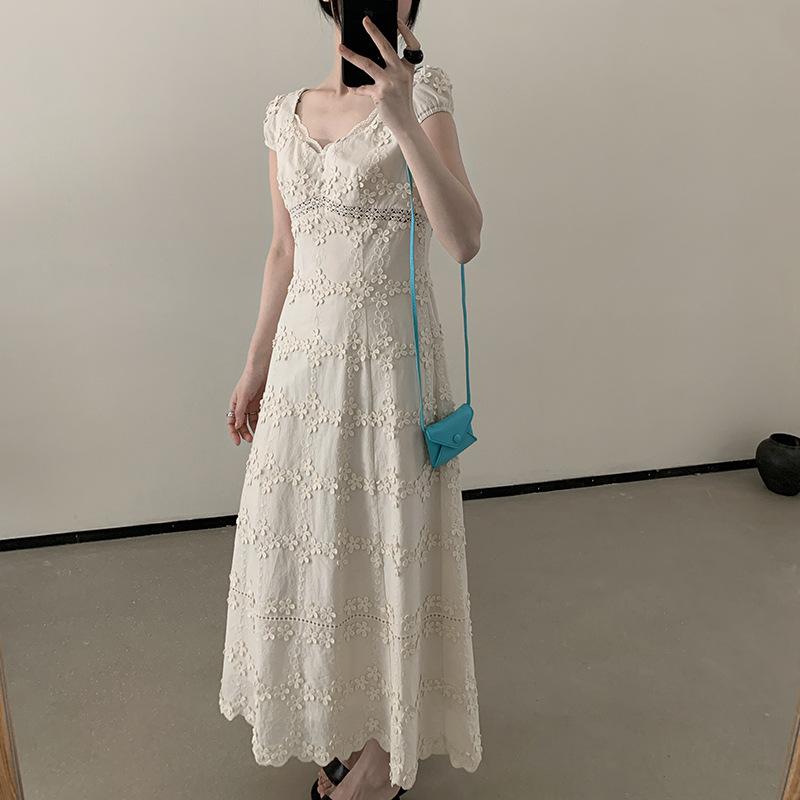 ワンピース レディース Vネック 半袖 Aライン フレアスカート ロング丈 綿100% 大人かわいい 清楚系 フェミニン 普段使い デイリーユース 上品 きれいめ 爽やか 春夏｜LiLishop6