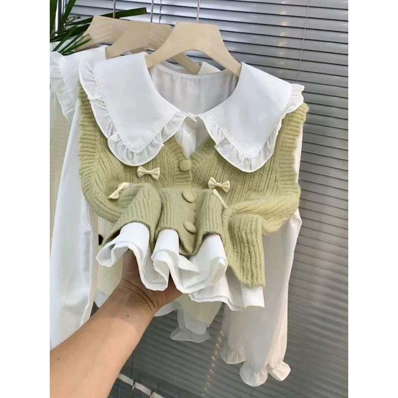 衣裳 表着 レディース 娃娃領 ?衫 ???甲 ?色系 ??? 日?休? ?松 娃娃? 泡泡袖 長袖 ??? ?? ??聚???