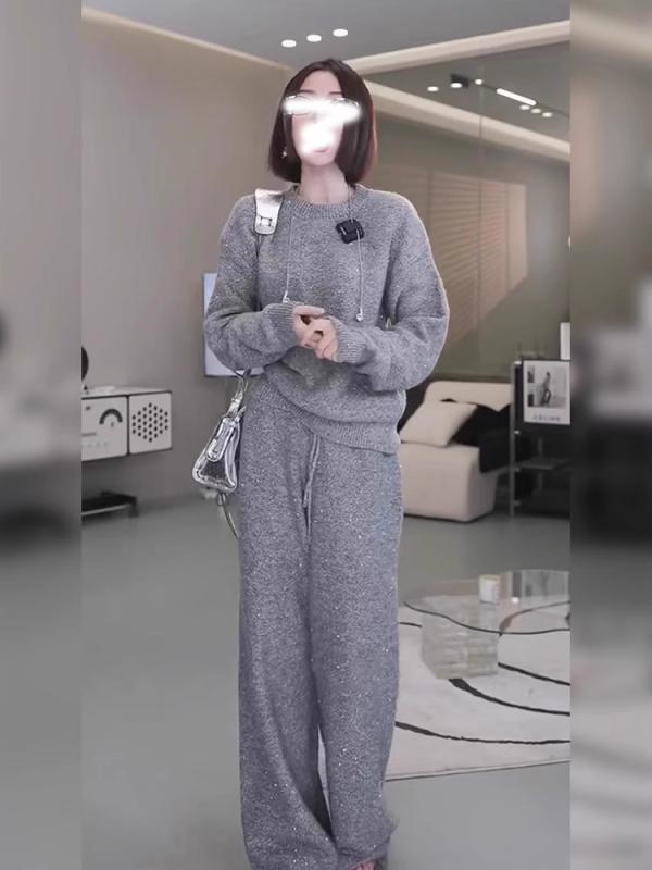 編み物セットアップ レディース ゆったり ?松 慵?風 加厚 針織 闊腿・樔 兩件套 秋冬 2024年新款 薄墨色 S M L XL 2XL 3XL