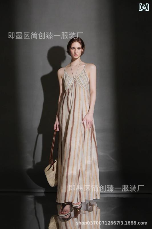 リネン混 Vネック ノースリーブ ロングワンピース レディース 春夏 ベージュ｜LiLishop6