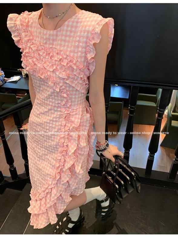 ワンピース 格子柄 フリル ノースリーブワンピース マキシ丈 通勤風 かわいい 春夏 ピンク系 ｜LiLishop6 9,026円