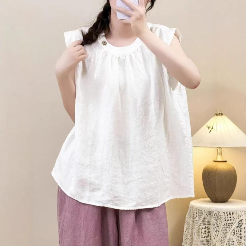 トップス 麻 レディース Tシャツ カットソー ノースリーブ クルーネック ドローストリング 文芸風 リネン 無地 夏物 2025年|LiLishop6