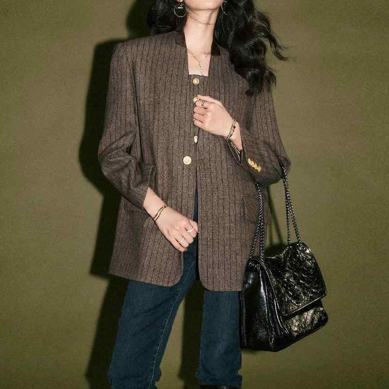 レトロ風 縞模様 限りない レディース 方領 金名取り草 毛織 限りない トップス