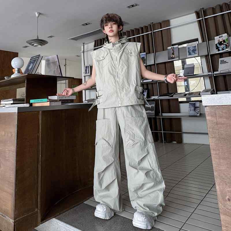 メンズ 心地よい御召しもの セットアップ 上張り単品 ひな形性 隠し殆んど フーデッドベスト アウトドア御召しもの 2024年 夏 黒いこと杏
