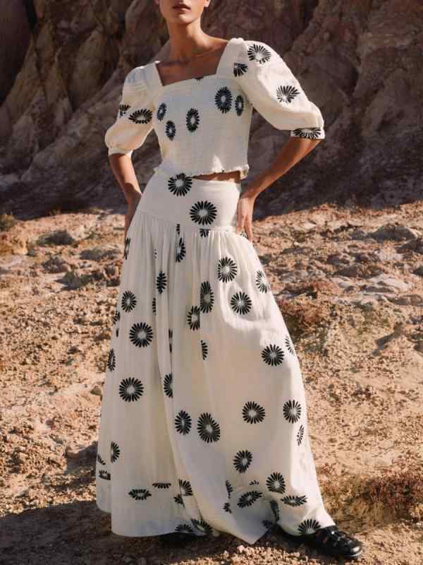 セットアップ 花柄 ワンピース レディース 半袖 夏度假風 泡泡袖 ロングスカート 2点セット 白｜LiLishop6