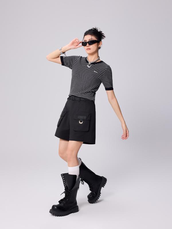 カーゴパンツ レディース 御機嫌酉の方角 黒 五分丈 休??版百搭?松直筒?