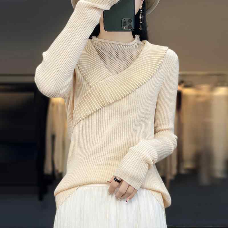 スウェーター レディース 精紡羊毛 透かし編み うつり変わり 交叉のど首 長袖 好いたらしいめ 細見え