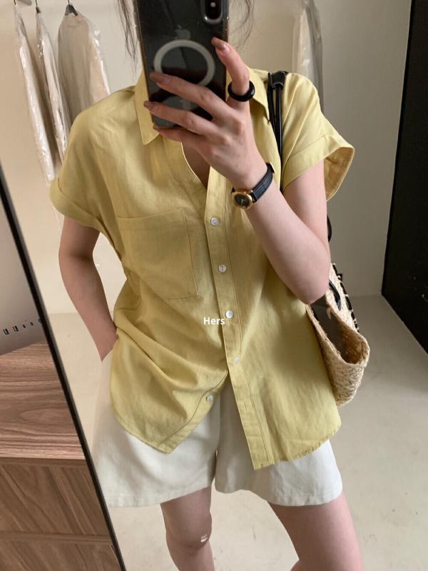 ショートスリーブブラウス レディース 春夏 心地よい 春夏 綿麻混 ?松感 藍色