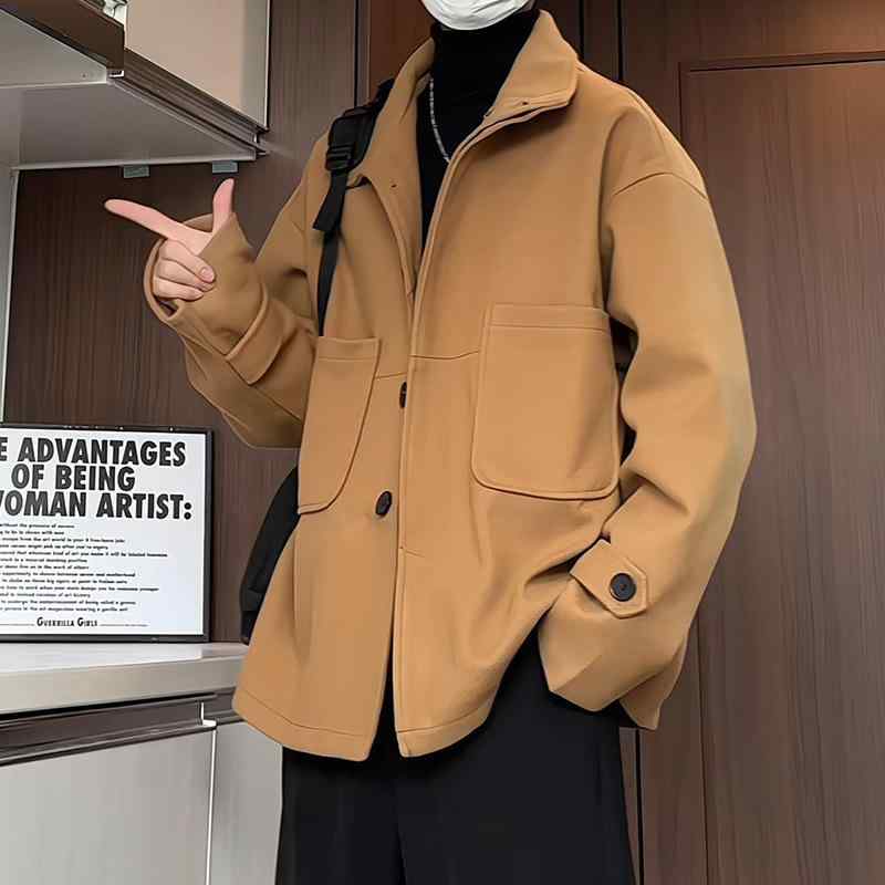 メンズ 毛・希 上衣 2024秋冬 短丈 今めかしい 羊毛調 アウター 厚地の外套大きさ 工装風 毛織り上衣