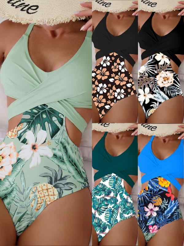 XL L M S 黒 ビーチウェア スイムウェア バックシャン 露出 欧美風プリント ホルターネック セクシー ワンピース 体型カバー ビ
