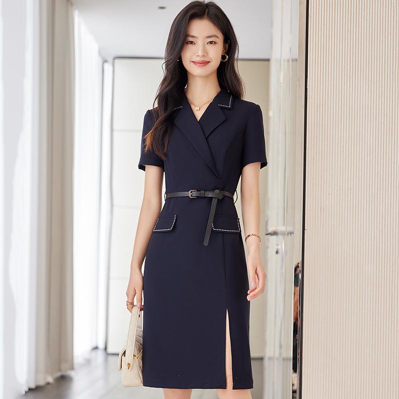 エステ 制服 ホテル 受付 レディース ワンピース おしゃれ スタイリッシュ 黒 スーツスカート ハイエンド スリムフィット 夏 ハイエンド 半袖 ドレス 大きいサイズ ビジネス 女性 スリット