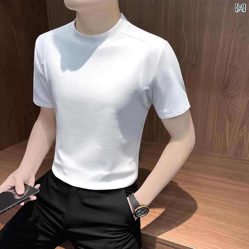 シャツ トップス メンズ 厚手 Tシャツ 半袖 夏 冷感 高級感 シンプル ベーシック お洒落 リラックス モダン ラウンドネック ブラック ホワイト 黒 白
