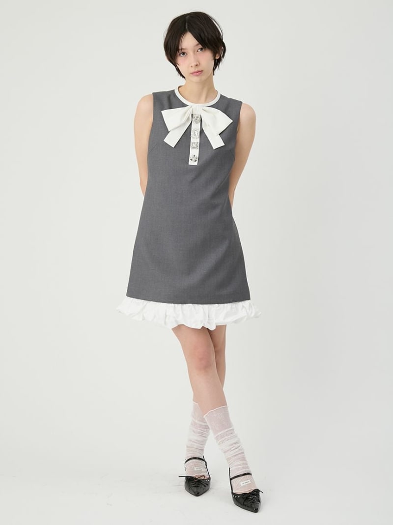 【SALE／50%OFF】[L.B CANDY STOCK]フロントリボンビジューワンピース LILY BROWN リリーブラウン ワンピース・ドレス ワンピース ブラウン グレー ブラック【RBA_E】【送料無料】[ Fashion]｜LILY BROWN／リリーブラウン