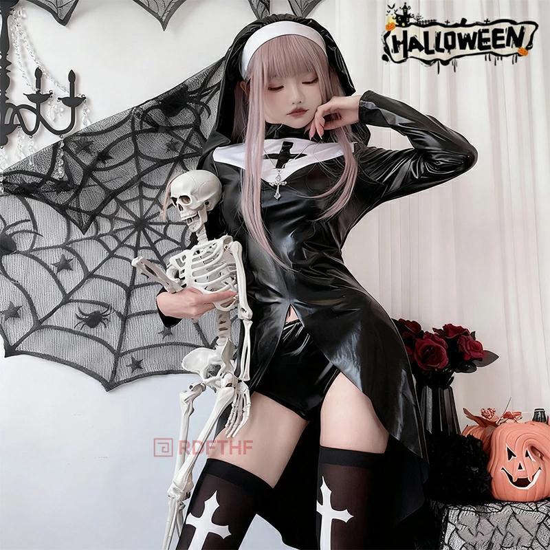 シスター コスプレ 聖女 修道女 衣装 4点セット レディース ハロウィン ワンピース 短パン 頭巾 ソックス 聖母 マリア ハロウィン衣装 コスプレ衣装 修道服 修女