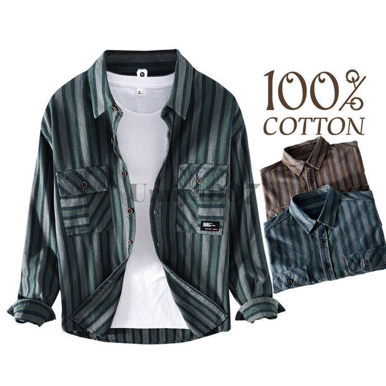 メンズ シャツ ビンテージ カジュアルシャツ トップス 秋服 ストライプ柄 長袖 100%コットン きれいめ