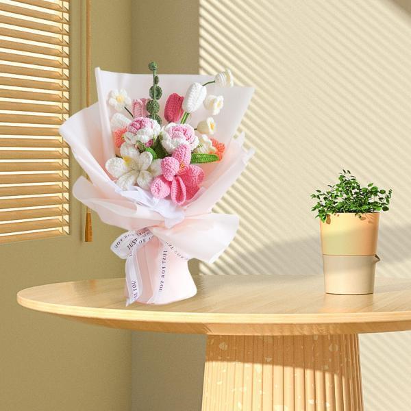 編み物造花母の日ギフトホームギフトかぎ針編みフラワーブーケピンクの荷拵え紙