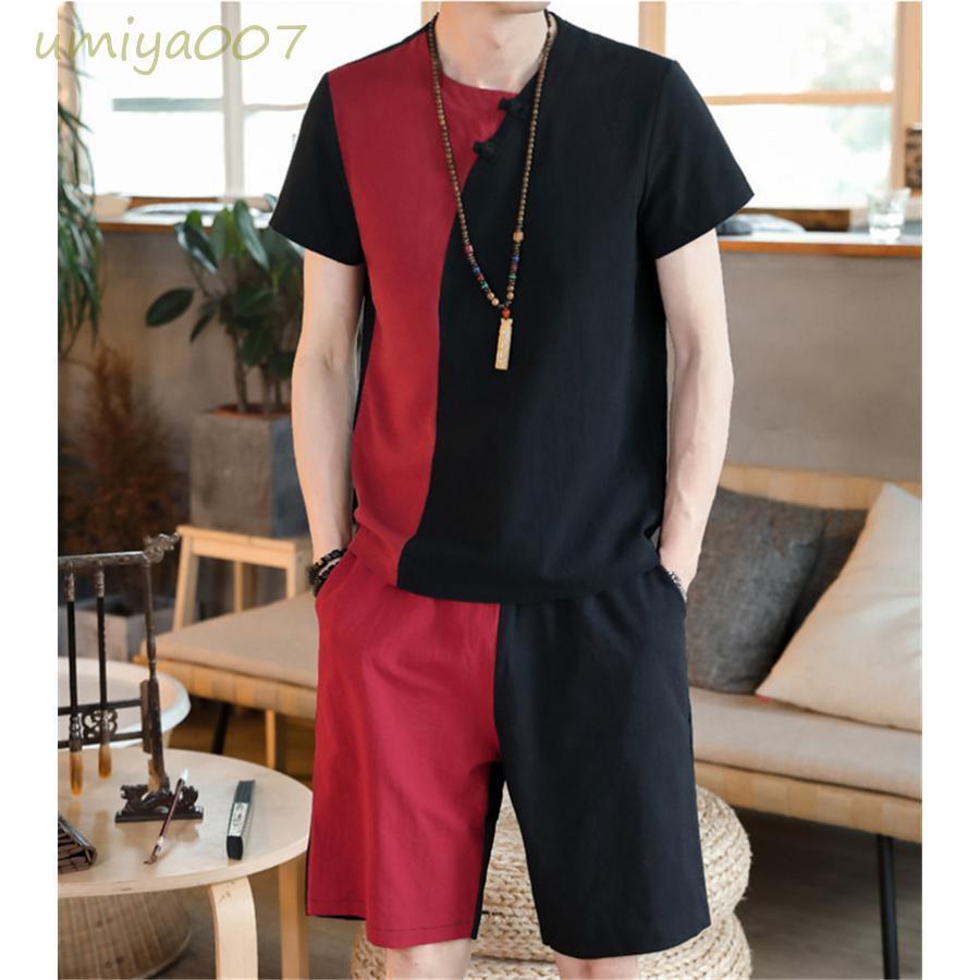 セットアップ メンズ 半袖シャツ 切替 上下セット 綿麻 夏服 短パン 配色 Tシャツ ショートパンツ サマー 涼しい ショーツ 部屋着 ゆったり