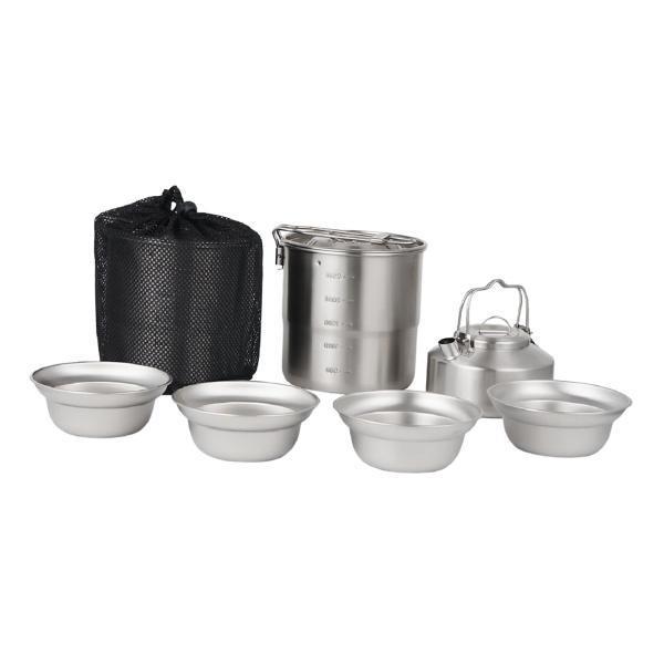 キャンプ用調理器具、ケトル付き、折りたたみハンドル付き、キャンプ用ポットとボウルセット、ハイキングアウトドアギア調理セット