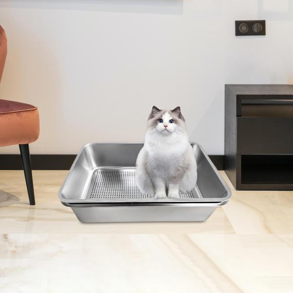 猫用トイレボックス トイレパン ステンレス製 お手入れ簡単 砂場 頑丈 飛び散り防止 ふるい付き 子猫用|リリーズ・ハウス