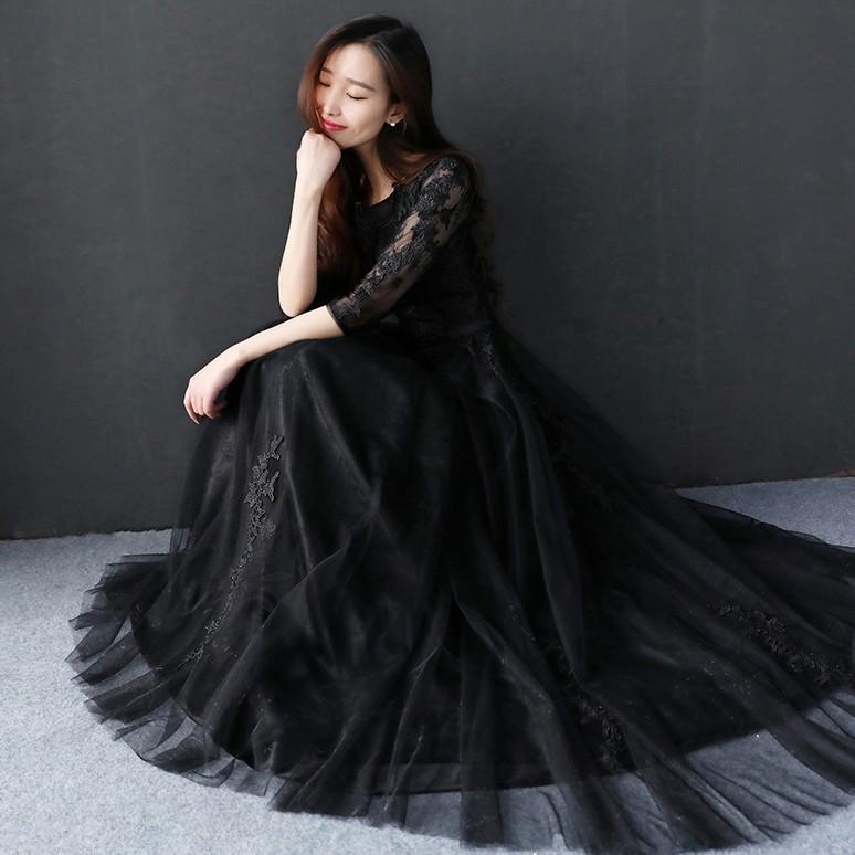 カラードレス 黒 ロング 安い カクテルドレス 演奏会 結婚式 イブニングドレス 二次会 長袖 ウエディングドレス 披露宴 フォーマル 花嫁 パーティードレス｜リリーズ・ハウス
