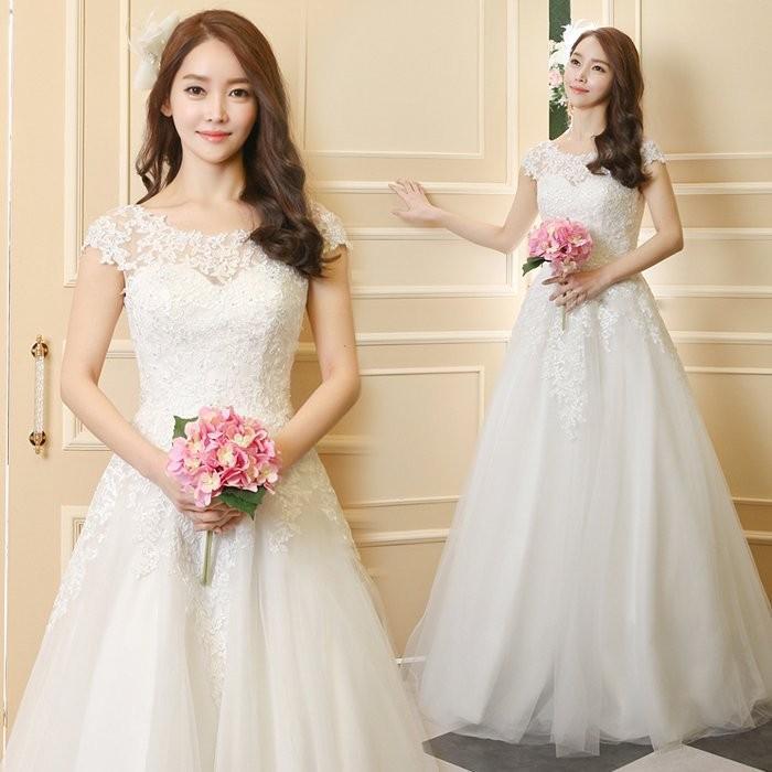 ウェディングドレス ロングドレス Aラインドレス フレンチスリーブ レース 二次会 結婚式 前撮り 花嫁 ウエディングドレス チュール 海外挙式 ブライダル｜リリーズ・ハウス