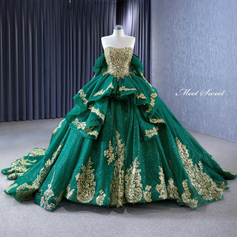 カラードレス プリンセスライン グリーン ベアトップ 刺繍 袖付き ロングドレス ウェディングドレス 結婚式 二次会 花嫁 前撮り 演奏会 発表会 ステージ衣装|リリーズ・ハウス