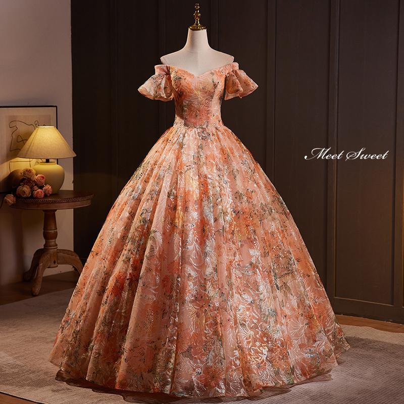 カラードレス プリンセスライン ロングドレス オレンジ 花柄 オフショルダー ウェディングドレス 結婚式 二次会 花嫁 前撮り 演奏会 発表会 ステージ衣装｜リリーズ・ハウス
