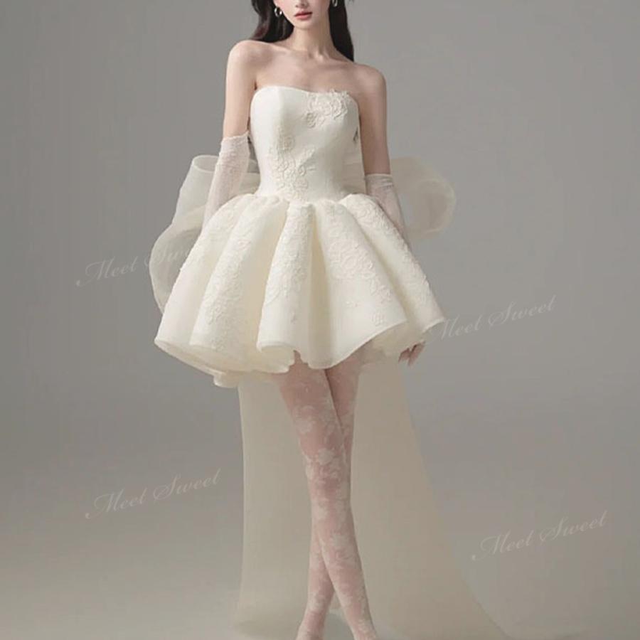 ウェディングドレス リボン ミニ ショート丈 ミニドレス レース 二次会 結婚式 前撮り 発表会 花嫁 ウエディングドレス ボリューム 蝶結び｜リリーズ・ハウス