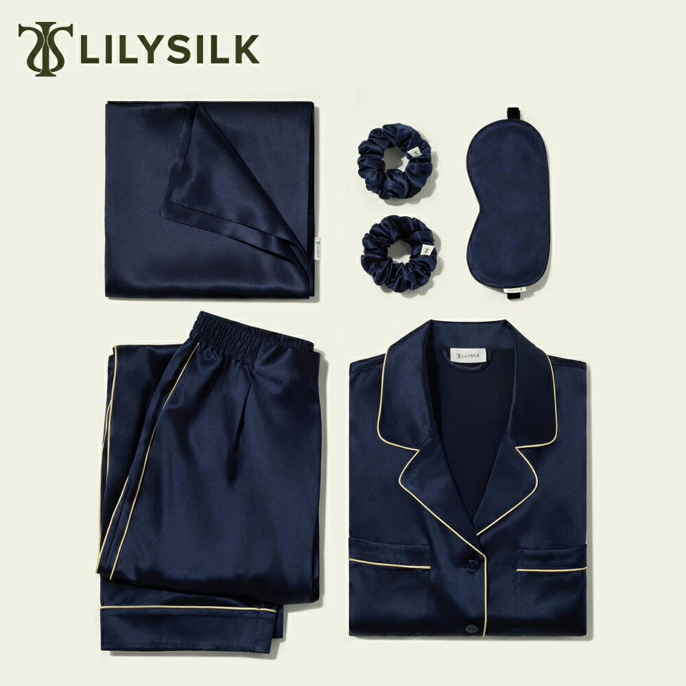 LILYSILK シルク パジャマ レディース 5点セット パジャマ上下セット 長袖 おしゃれ シルク100% 枕カバー アイマスク シュシュ 美肌 寝ながら ヘアケア 睡眠 疲れが取れる 敏感肌適用 実用 ギフトセット プレゼント