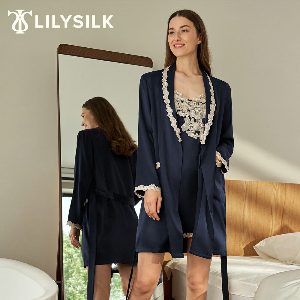 LILYSILK 2点セット シルク ナイトガウン レディース ローブ バスローブ 夏 セット セクシー レース パジャマ ワンピース 長袖 ポケット付き ルームウェア ナイトウェア 寝間着 SS/S/M/L/2L 北欧 プレゼント ギフト｜LILYSILK