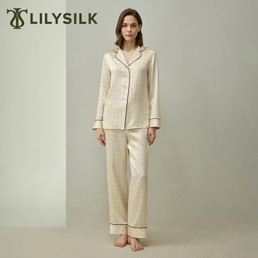 LILYSILK シルク パジャマ レディース ドット柄 水玉 上下セット 100%シルク 長袖 ノッチカラー パイピング ナイトウェア ルームウェア 部屋着 保湿 快眠 ギフト|LILYSILK
