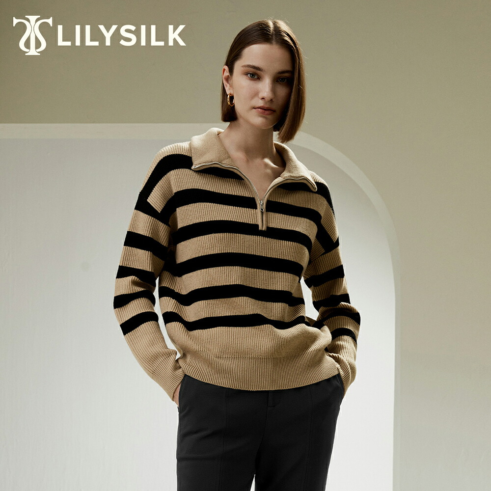 LILYSILK セーター レディース ハーフジップ 秋冬 長袖 ウール100% 洗濯機で洗える ニット リリーシルク ポロカラー ボーター 柔らかく 上質 高級 プレゼント ギフト