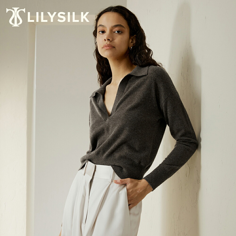 LILYSILK カシミヤ100% ポロシャツ レディース 長袖 おしゃれ ブランド きれいめ Vネック ドロップショルダー 洗練 柔らかく 上質 ファッション プレゼント ギフト