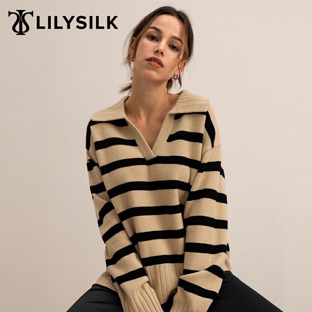 LILYSILK セーター レディース 秋冬 長袖 ウール100% 洗濯機で洗える カラーブロック 超長袖 ウールセーター 柔らかく 上質 高級 プレゼント ギフト