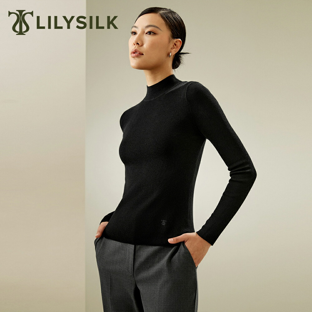 LILYSILK シルク ニット セーター レディース 秋 長袖 薄手 きれいめ カジュアル おしゃれ タイト 黒 白 上品 上質 高級 シルク カシミヤ混 モックネック スリムフィット