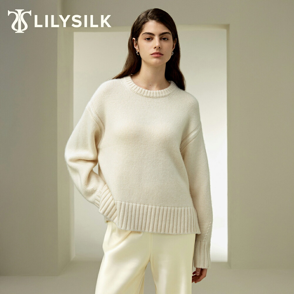 LILYSILK カシミヤ100% セーター レディース 秋冬 クルーネック 長袖 ニット 厚手 柔らかい 暖かい ドロップショルダー ヒップ丈 上質 高級 母の日 ギフト プレゼント|LILYSILK