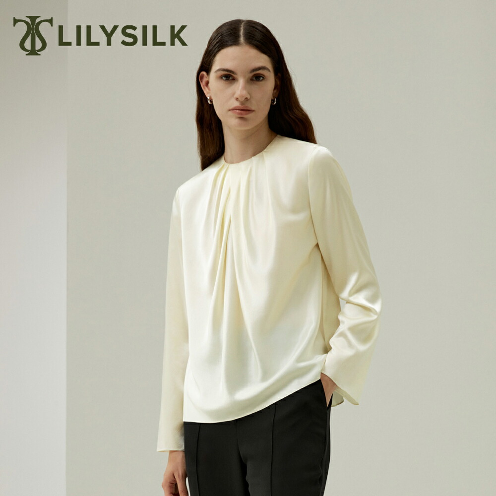 LILYSILK シルク トップス レディース 春夏 おしゃれ きれいめ 長袖 シルク100% クルーネック ルーシュネック プリーツ リラックスフィット 洗練 優雅 柔らかい 通気 時代を超えた ギフト プレゼント