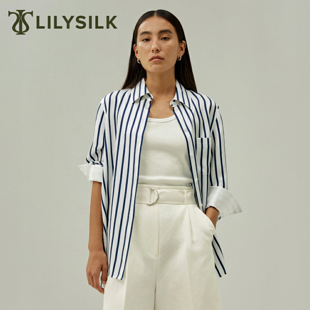 LILYSILK シルク ブラウス レディース シャツ トップス おしゃれ 長袖 ストライプ フォーマル オフィス カジュアル 大きいサイズ オーバーサイズ レギュラーカラー 洗練 クラシック 仕事 OL プレゼント|LILYSILK