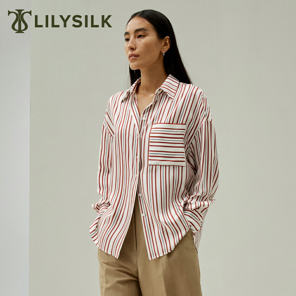 LILYSILK シルク ブラウス レディース スタンドカラー シャツ トップス おしゃれ 長袖 ストライプ柄 カジュアル フォーマル オフィス 大きいサイズ オーバーサイズ 仕事 かっこいい OL プレゼント