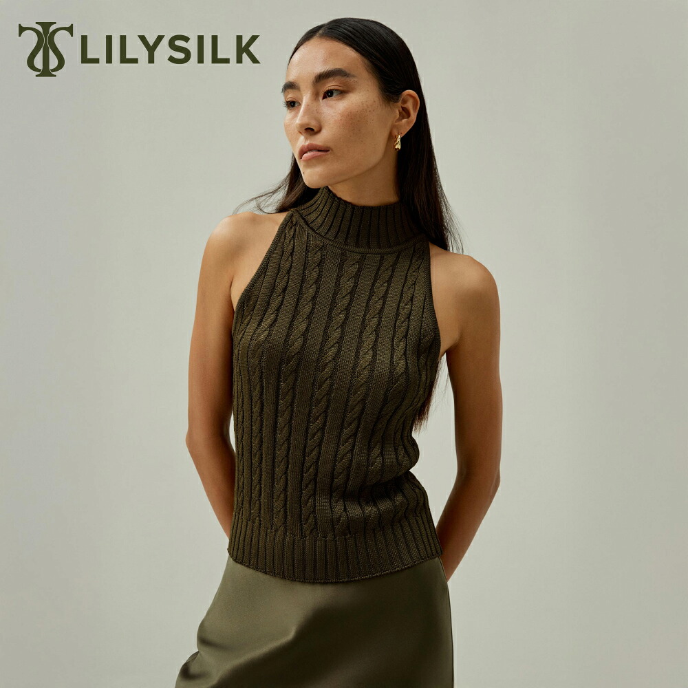 LILYSILK シルク ニット セーター ノースリーブ レディース ハイネック ケーブルニット カットソー カジュアル クラシック 肌に優しい 通気性よい 高級 スリムフィット 重ね着 ギフト プレゼント