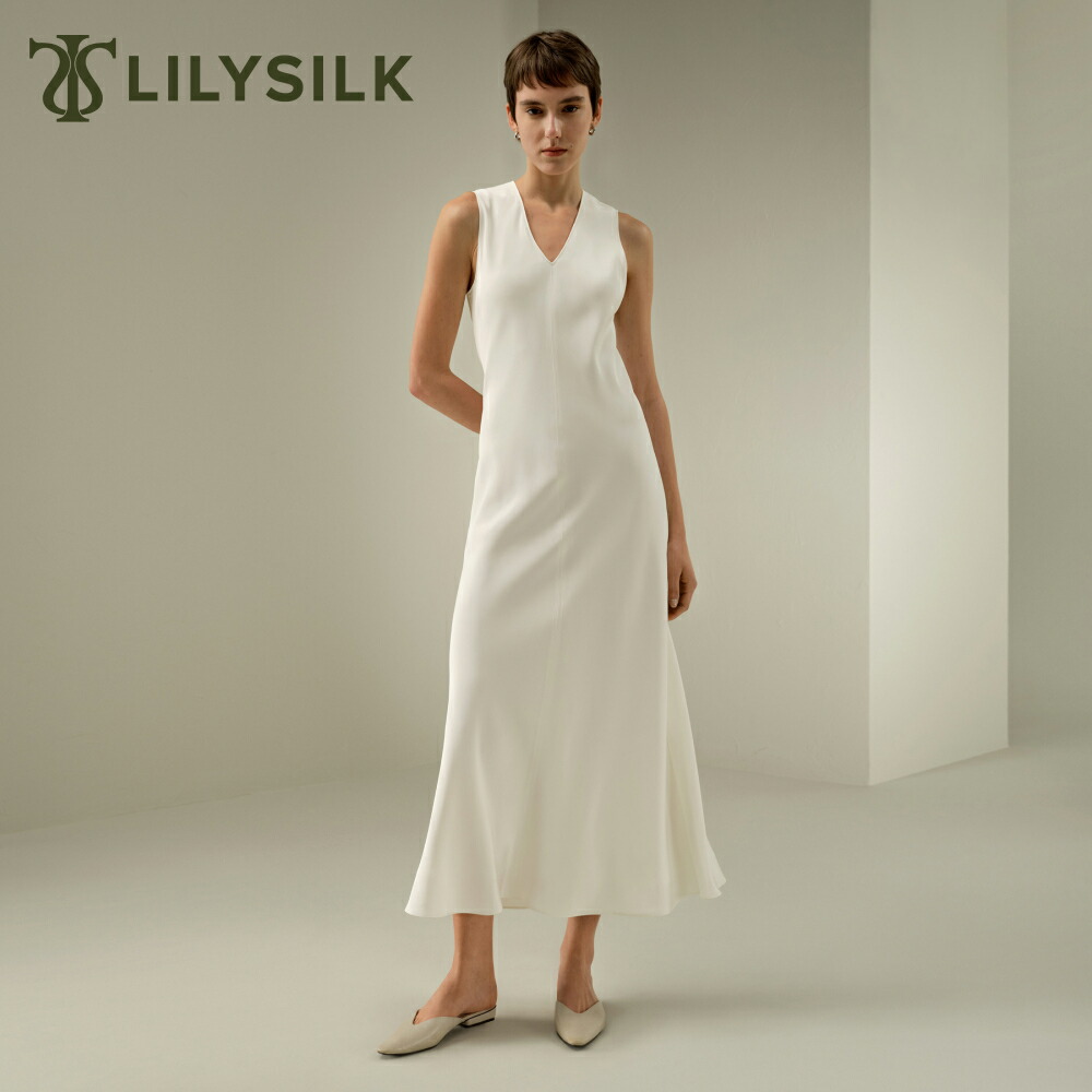 LILYSILK シルク ワンピース レディース 春 夏 ノースリーブ 大きいサイズ ロング丈 Vネック おしゃれ マキシドレス ホワイト ブラック 白 黒 贅沢 優雅 快適さ エレガンス ギフト プレゼント｜LILYSILK 47,880円